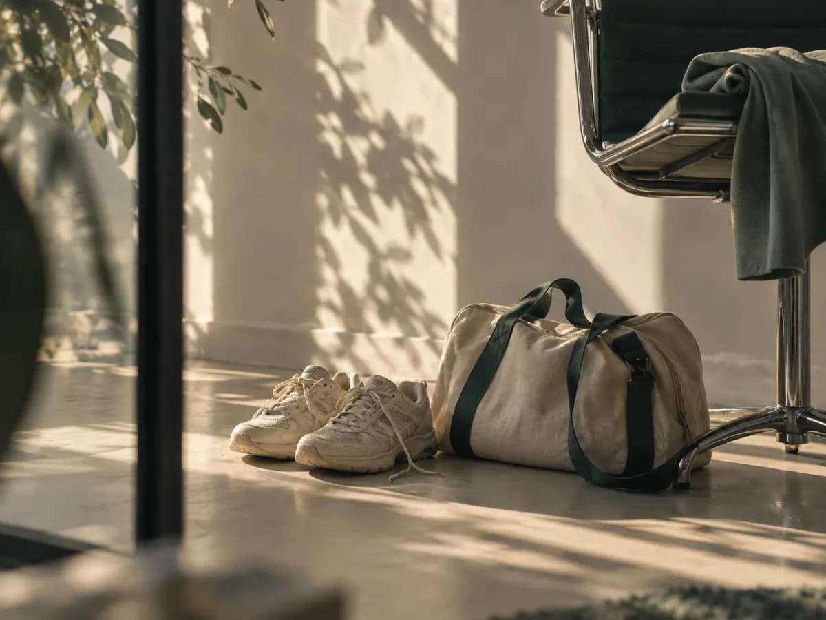 Sportschuhe und Sporttasche neben einem Bürostuhl